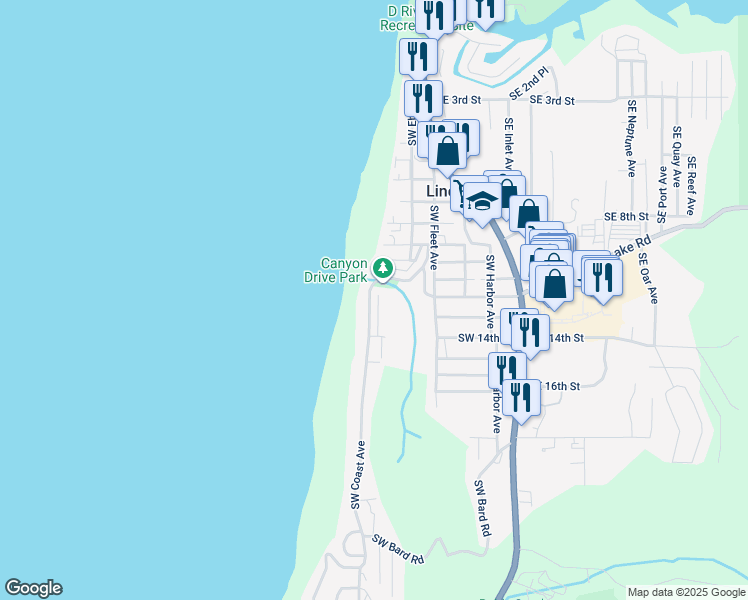 map of restaurants, bars, coffee shops, grocery stores, and more near 777 Southwest 11th Street in Lincoln City
