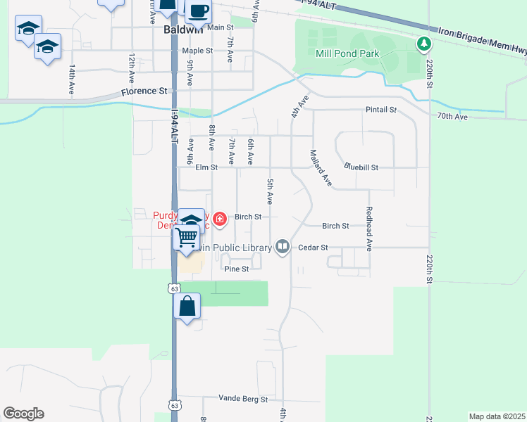 map of restaurants, bars, coffee shops, grocery stores, and more near 1600 Birchwood Drive in Baldwin