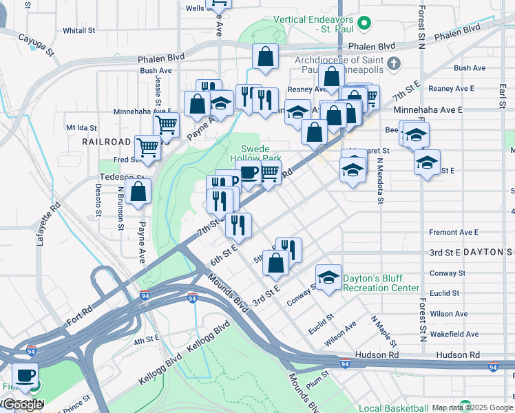 map of restaurants, bars, coffee shops, grocery stores, and more near 740 East 7th Street in Saint Paul