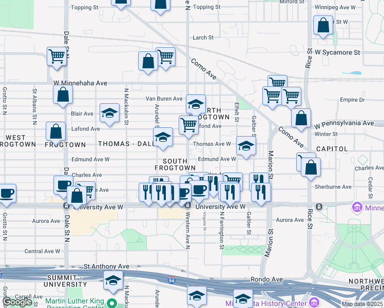 map of restaurants, bars, coffee shops, grocery stores, and more near 361 Thomas Avenue West in Saint Paul
