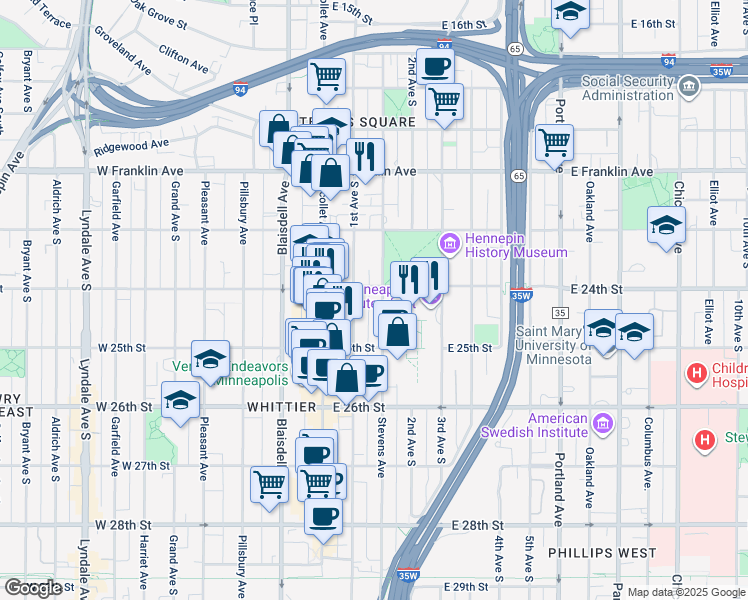 map of restaurants, bars, coffee shops, grocery stores, and more near 108 East 24th Street in Minneapolis