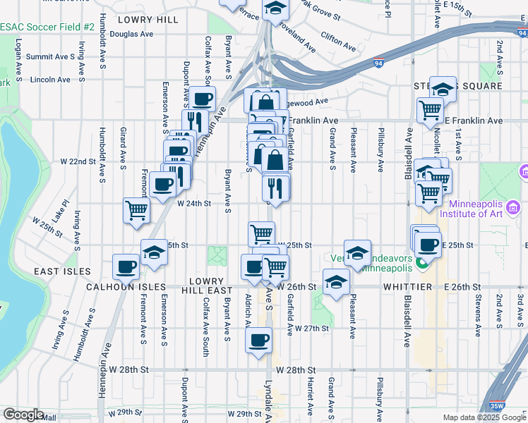 map of restaurants, bars, coffee shops, grocery stores, and more near 2407 Lyndale Avenue South in Minneapolis