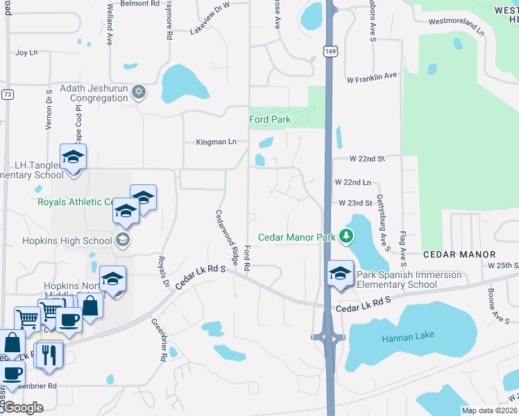 map of restaurants, bars, coffee shops, grocery stores, and more near 2336 Wildwood Trail in Hopkins