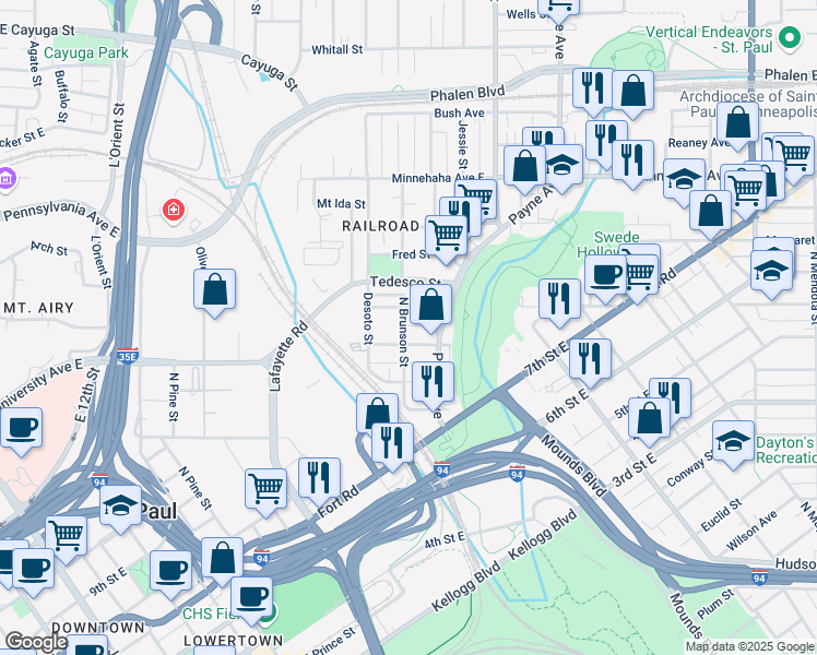 map of restaurants, bars, coffee shops, grocery stores, and more near 580 North Brunson Street in Saint Paul