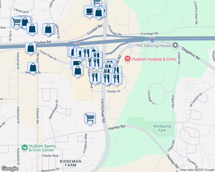 map of restaurants, bars, coffee shops, grocery stores, and more near 653 Carmichael Road in Hudson