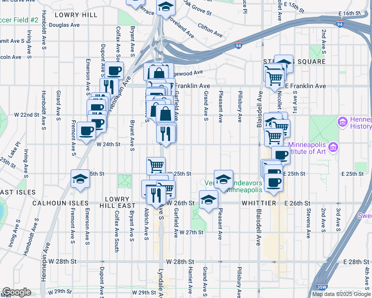map of restaurants, bars, coffee shops, grocery stores, and more near 2317 Garfield Avenue in Minneapolis