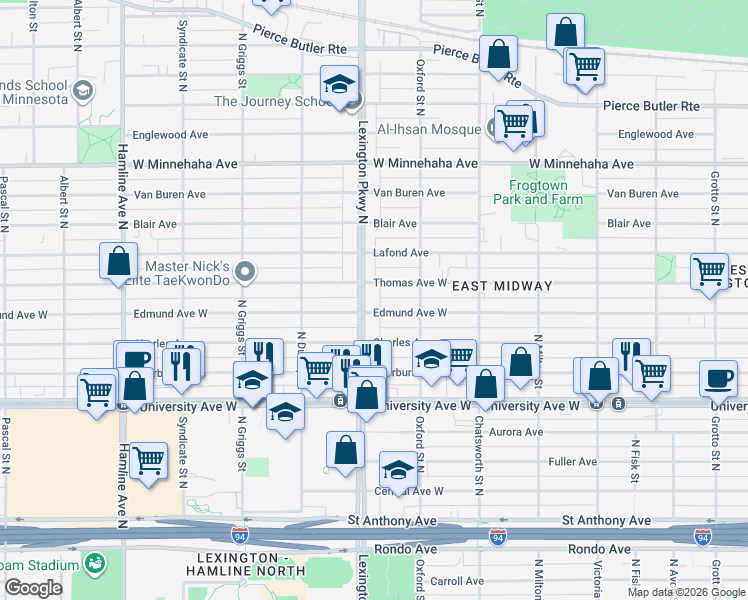 map of restaurants, bars, coffee shops, grocery stores, and more near 1073 Thomas Avenue West in Saint Paul