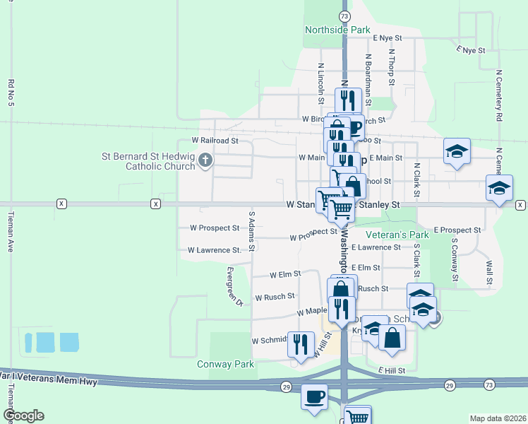 map of restaurants, bars, coffee shops, grocery stores, and more near 314 West Stanley Street in Thorp