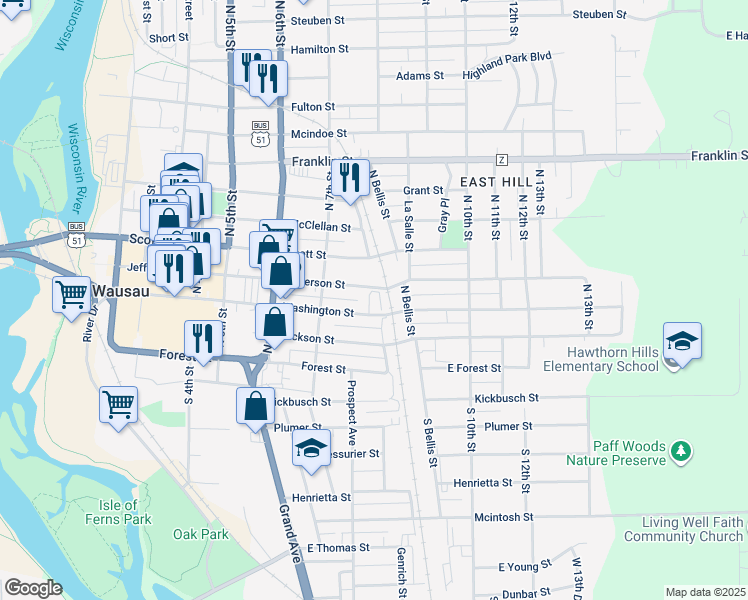 map of restaurants, bars, coffee shops, grocery stores, and more near 739 Scott Street in Wausau