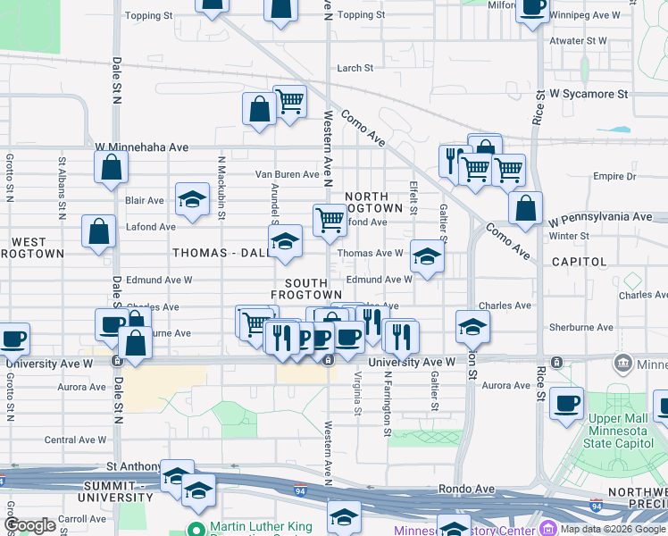 map of restaurants, bars, coffee shops, grocery stores, and more near 361 Thomas Avenue West in Saint Paul
