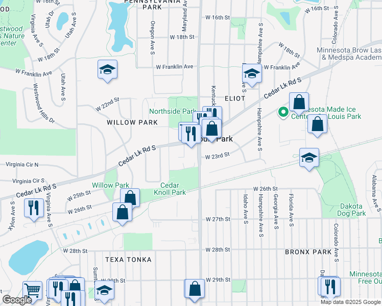 map of restaurants, bars, coffee shops, grocery stores, and more near 7235 Cedar Lake Road South in St. Louis Park