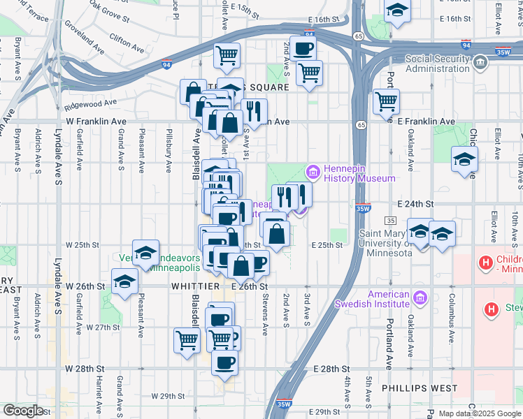 map of restaurants, bars, coffee shops, grocery stores, and more near 108 East 24th Street in Minneapolis
