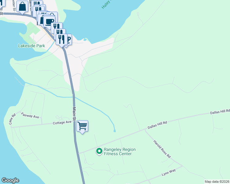 map of restaurants, bars, coffee shops, grocery stores, and more near 38 Grand View Avenue in Rangeley