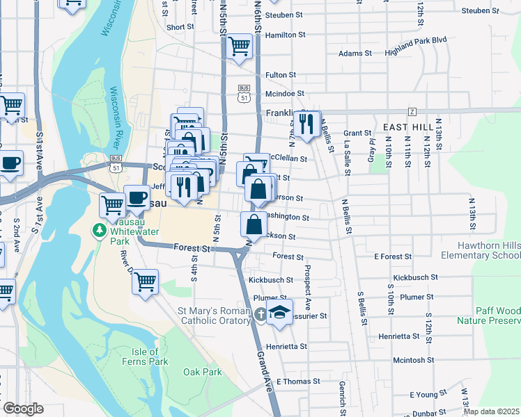 map of restaurants, bars, coffee shops, grocery stores, and more near 555 Jefferson Street in Wausau