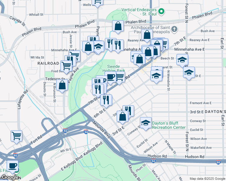 map of restaurants, bars, coffee shops, grocery stores, and more near in Saint Paul