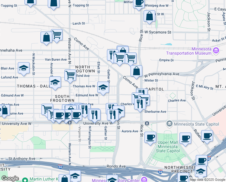 map of restaurants, bars, coffee shops, grocery stores, and more near 589 Marion Street in Saint Paul