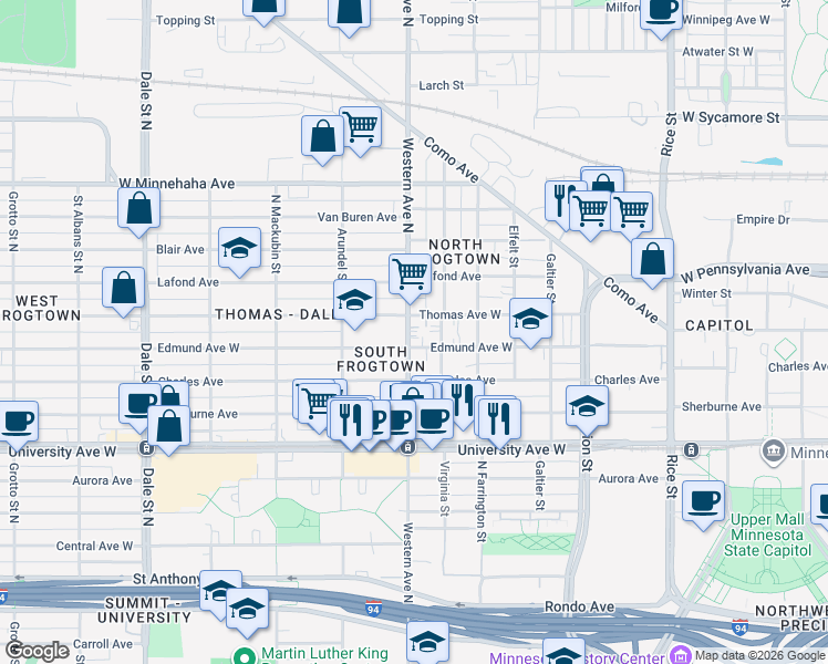 map of restaurants, bars, coffee shops, grocery stores, and more near 361 Thomas Avenue West in Saint Paul