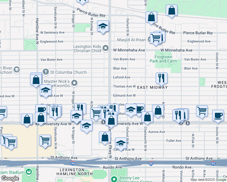 map of restaurants, bars, coffee shops, grocery stores, and more near 1073 Thomas Avenue West in Saint Paul