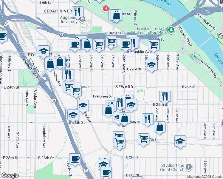 map of restaurants, bars, coffee shops, grocery stores, and more near 2424 25th Avenue South in Minneapolis