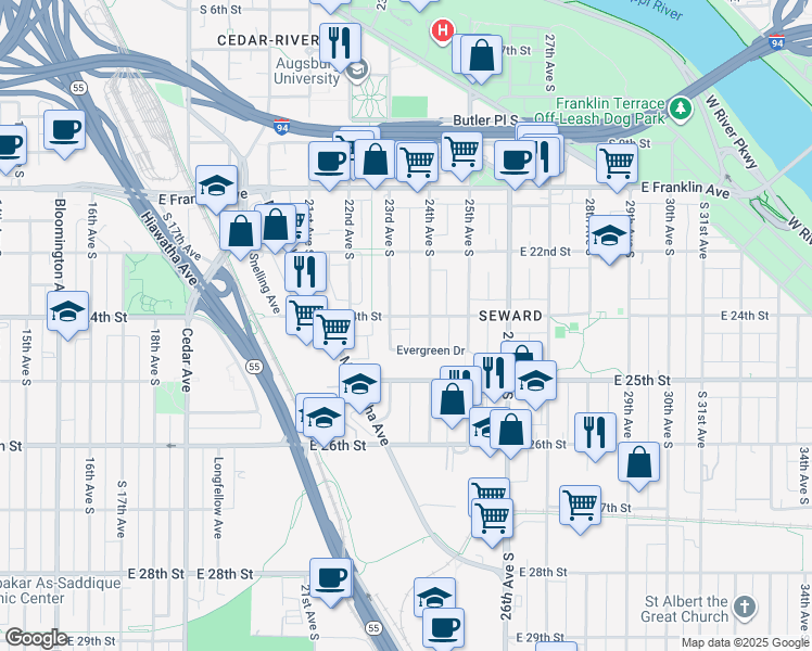 map of restaurants, bars, coffee shops, grocery stores, and more near 2310 East 24th Street in Minneapolis