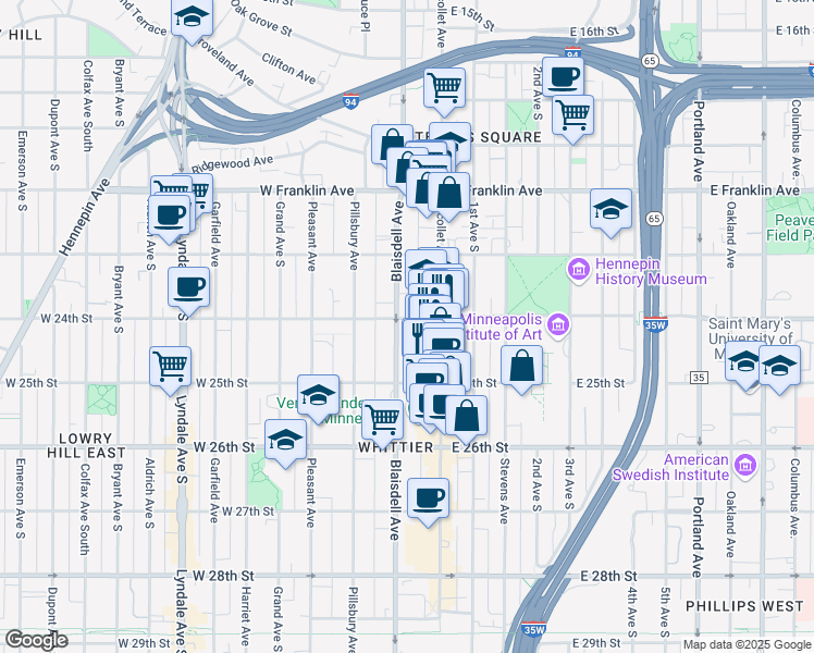 map of restaurants, bars, coffee shops, grocery stores, and more near 22 West 24th Street in Minneapolis