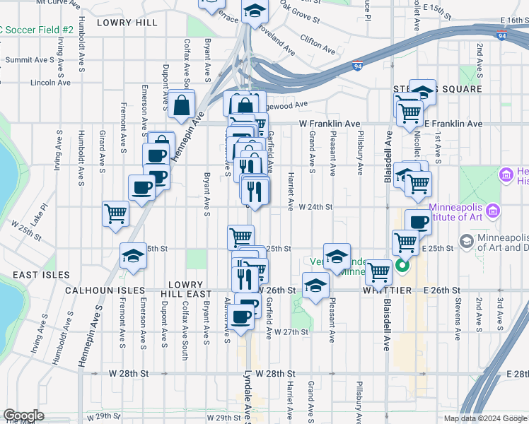 map of restaurants, bars, coffee shops, grocery stores, and more near 2317 Garfield Avenue in Minneapolis