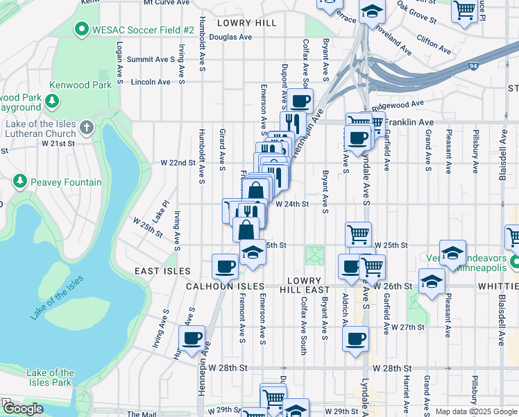 map of restaurants, bars, coffee shops, grocery stores, and more near 2330 Hennepin Avenue South in Minneapolis