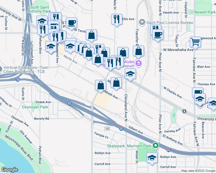 map of restaurants, bars, coffee shops, grocery stores, and more near 636 Vandalia Street in Saint Paul