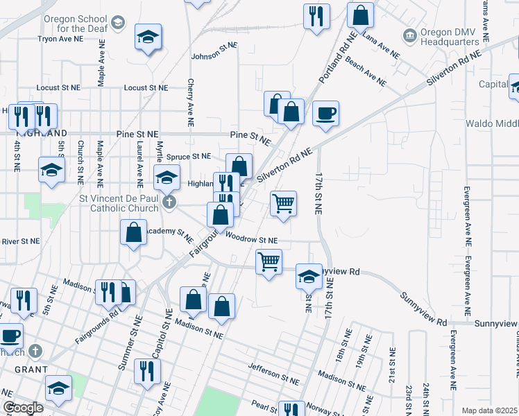 map of restaurants, bars, coffee shops, grocery stores, and more near 1301-1399 Smith Street Northeast in Salem
