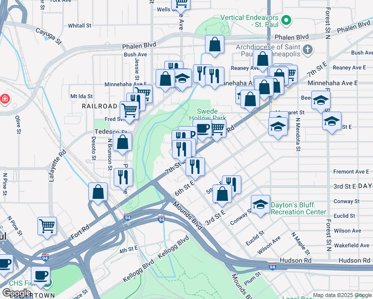 map of restaurants, bars, coffee shops, grocery stores, and more near 641 East North Street in Saint Paul