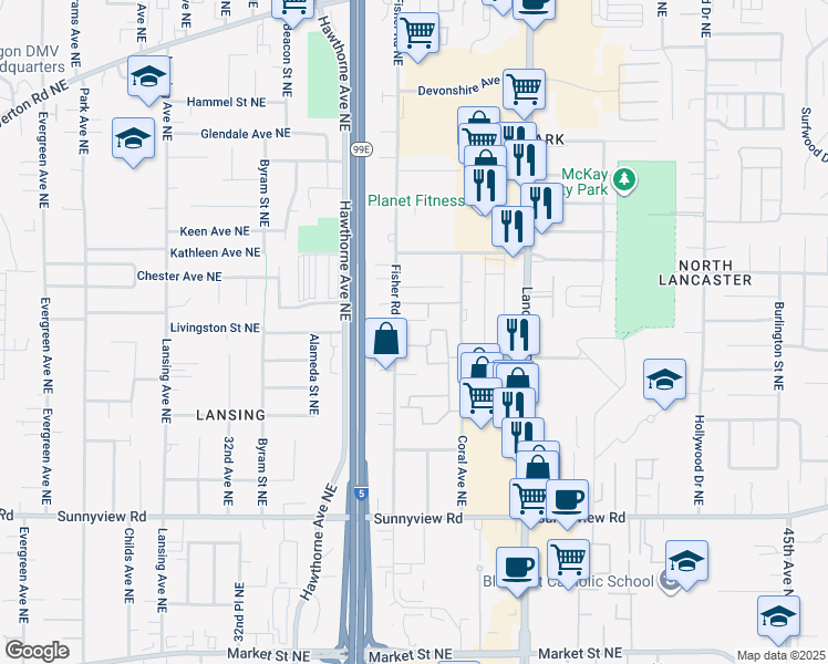 map of restaurants, bars, coffee shops, grocery stores, and more near 2531 Coral Avenue Northeast in Salem