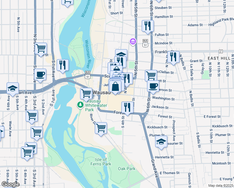 map of restaurants, bars, coffee shops, grocery stores, and more near 215 N 3rd Street in Wausau