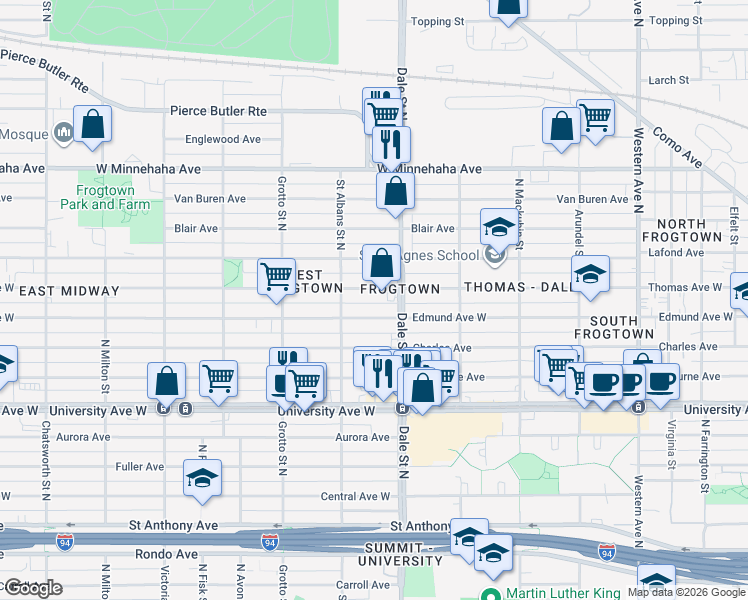 map of restaurants, bars, coffee shops, grocery stores, and more near 647 Thomas Avenue West in Saint Paul