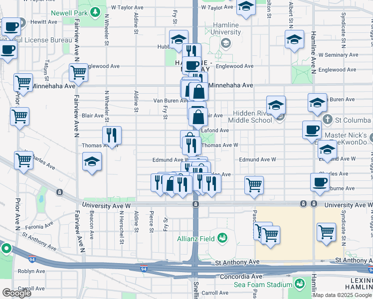 map of restaurants, bars, coffee shops, grocery stores, and more near 1599 Thomas Avenue West in Saint Paul