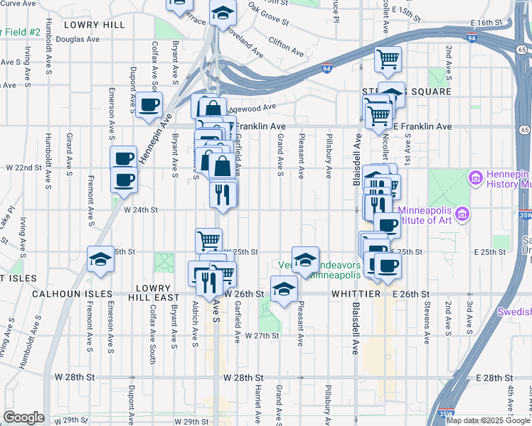 map of restaurants, bars, coffee shops, grocery stores, and more near 2317 Harriet Avenue in Minneapolis