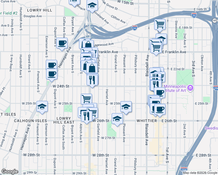 map of restaurants, bars, coffee shops, grocery stores, and more near 2317 Harriet Avenue in Minneapolis