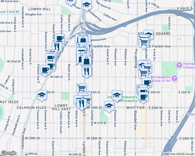 map of restaurants, bars, coffee shops, grocery stores, and more near 2317 Garfield Avenue in Minneapolis