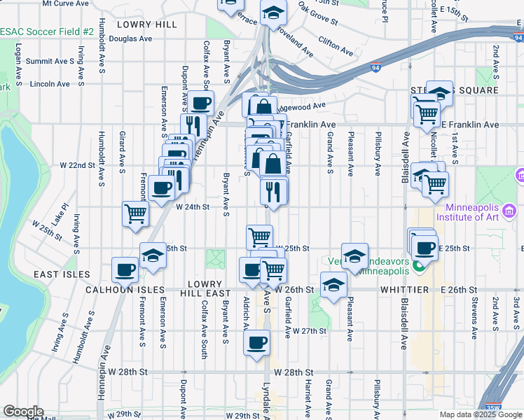 map of restaurants, bars, coffee shops, grocery stores, and more near 2407 Lyndale Avenue South in Minneapolis