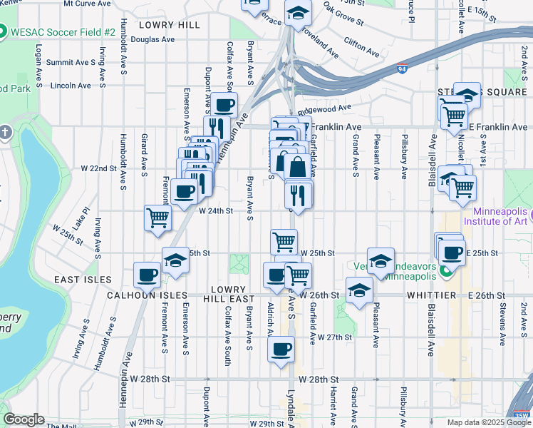 map of restaurants, bars, coffee shops, grocery stores, and more near 2310 Aldrich Avenue South in Minneapolis