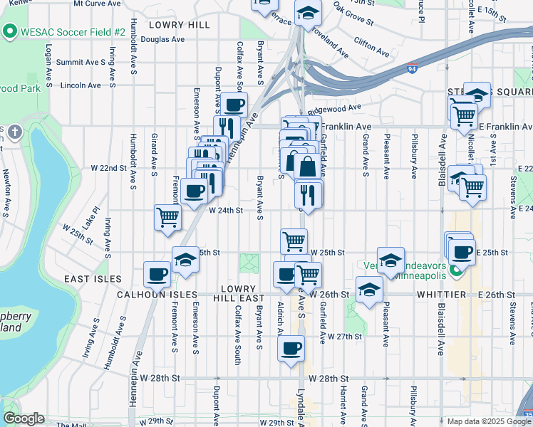 map of restaurants, bars, coffee shops, grocery stores, and more near 2310 Aldrich Avenue South in Minneapolis