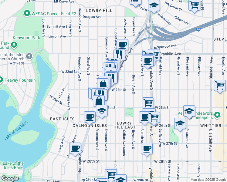map of restaurants, bars, coffee shops, grocery stores, and more near 2330 Hennepin Avenue South in Minneapolis