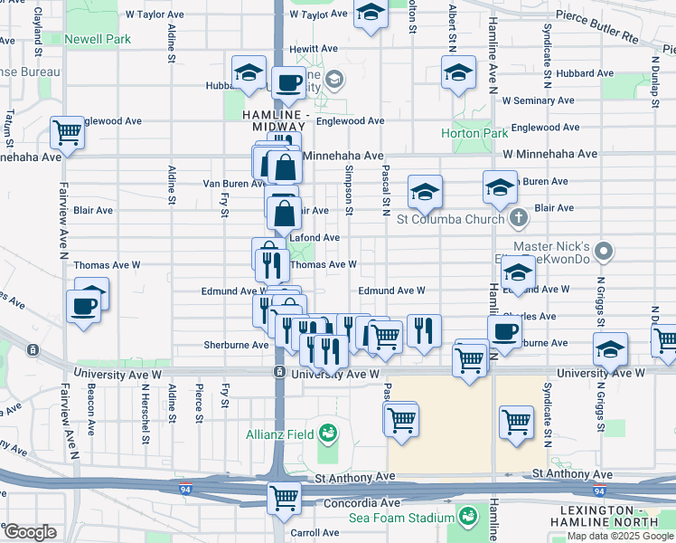 map of restaurants, bars, coffee shops, grocery stores, and more near 1500 Thomas Avenue West in Saint Paul