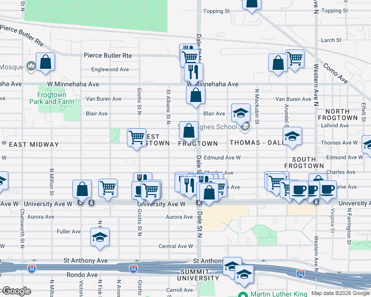 map of restaurants, bars, coffee shops, grocery stores, and more near 647 Thomas Avenue West in Saint Paul