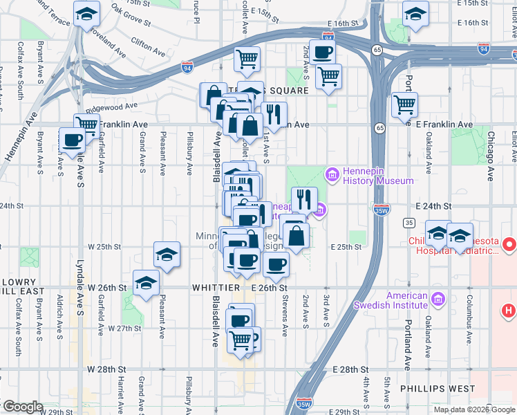 map of restaurants, bars, coffee shops, grocery stores, and more near 17 East 24th Street in Minneapolis
