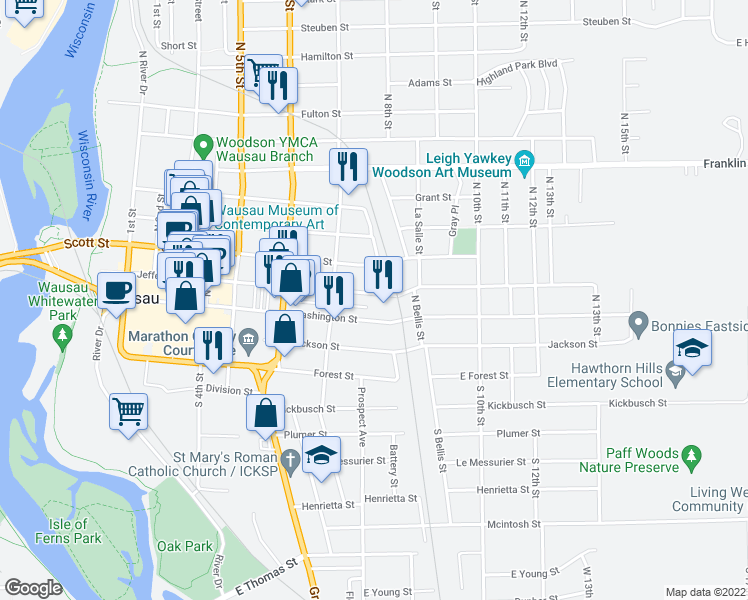 map of restaurants, bars, coffee shops, grocery stores, and more near 729 Jefferson Street in Wausau
