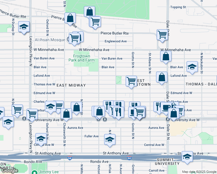 map of restaurants, bars, coffee shops, grocery stores, and more near 823 Thomas Avenue West in Saint Paul