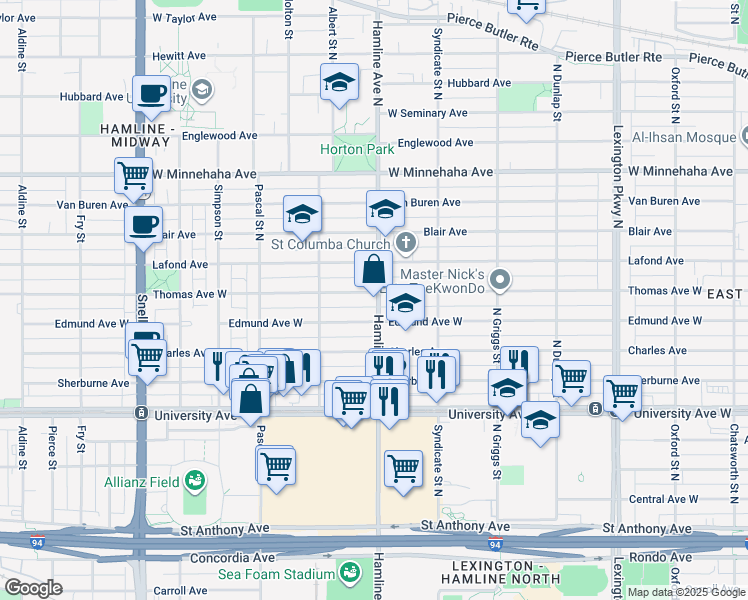 map of restaurants, bars, coffee shops, grocery stores, and more near 1353 Thomas Avenue West in Saint Paul
