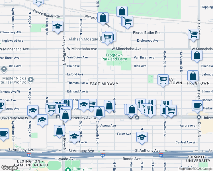 map of restaurants, bars, coffee shops, grocery stores, and more near 948 Thomas Avenue West in Saint Paul