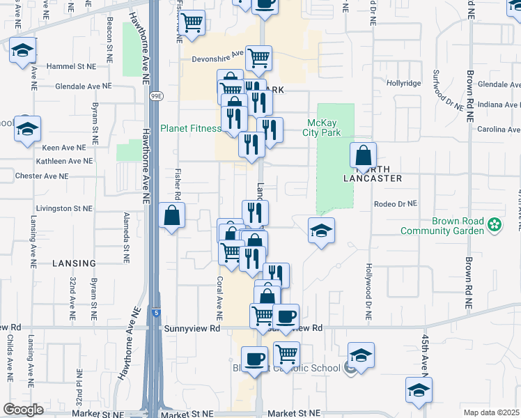 map of restaurants, bars, coffee shops, grocery stores, and more near 2495 Lancaster Drive Northeast in Salem