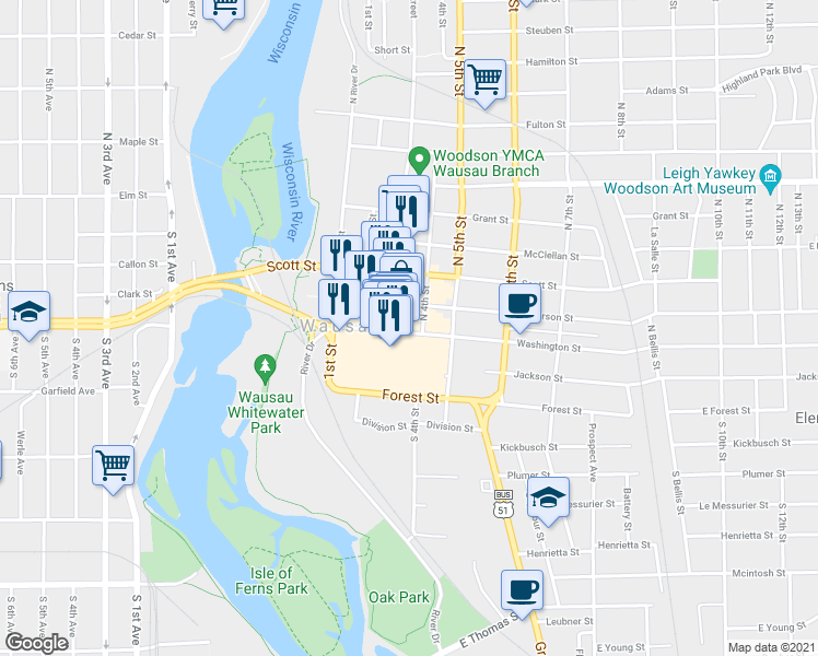 map of restaurants, bars, coffee shops, grocery stores, and more near 215 N 3rd Street in Wausau